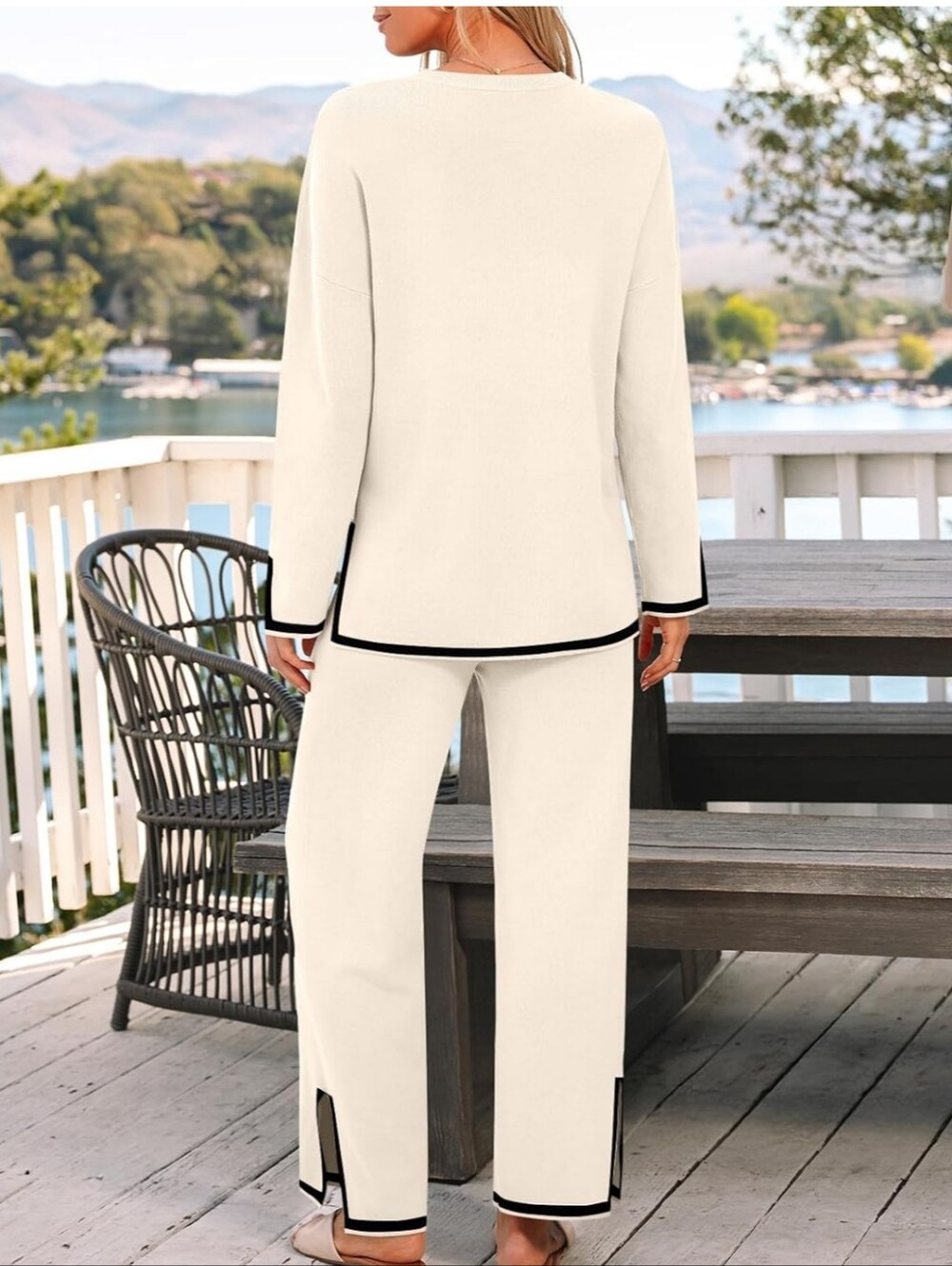 Cream Two-Piece Knit Top and Wide Leg Pant Set with Black Trim - Picture 6 of 8